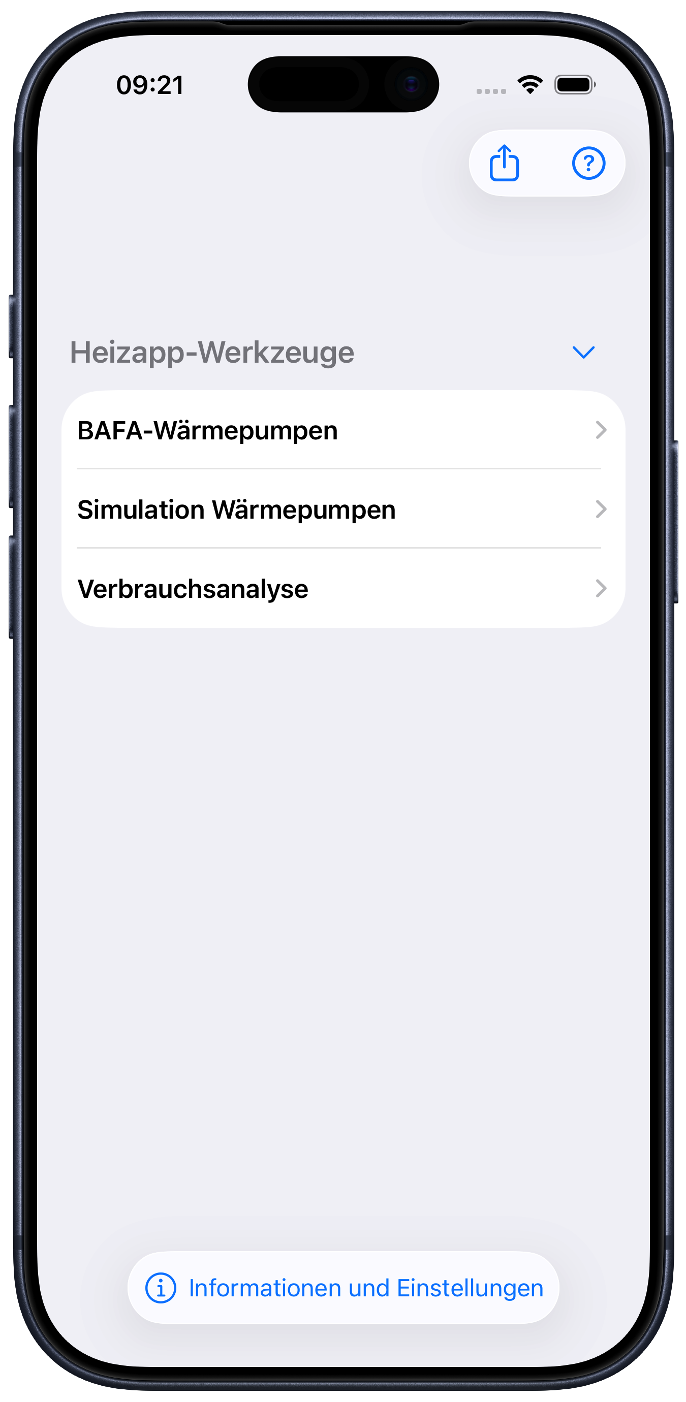 Heizapp auf iPhone – Hauptmenü mit BAFA-Wärmepumpen, Simulation und Verbrauchsanalyse