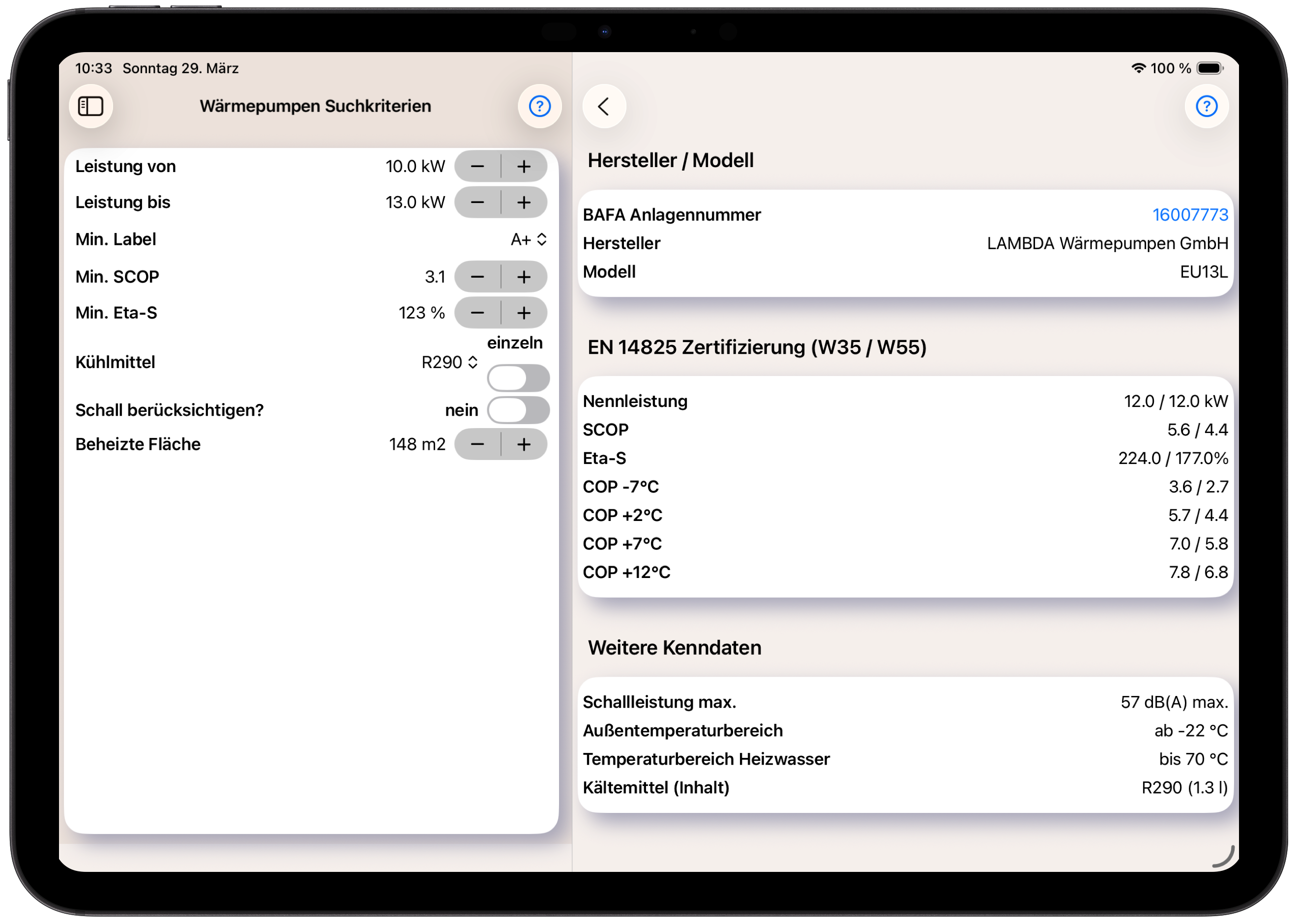 Heizapp-Datenbank – Wärmepumpen-Datenblatt mit EN 14825 Kenndaten und Suchkriterien
