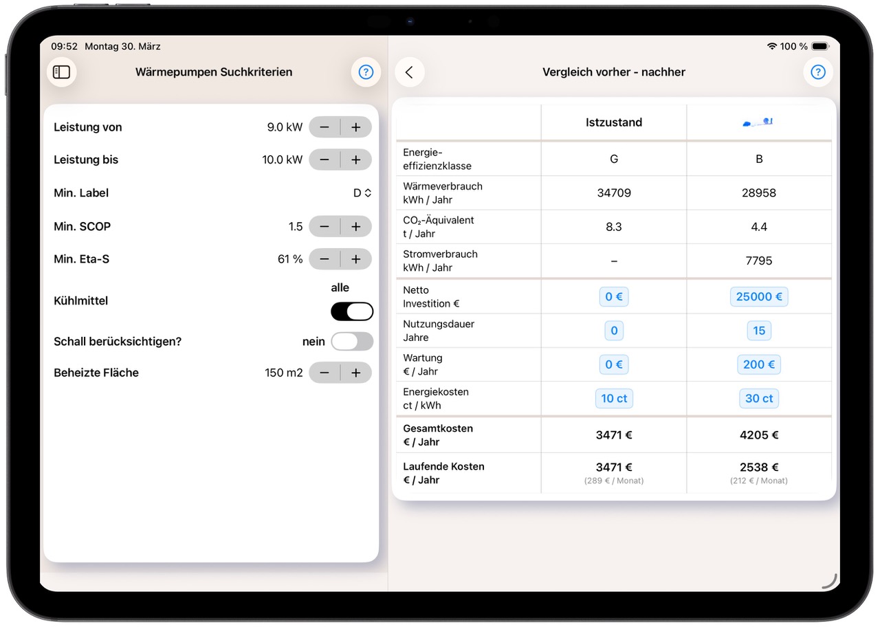 Heizapp Simulationsübersicht auf iPad – Vorher/Nachher-Vergleich mit Energieeffizienz und Verbrauchsdaten
