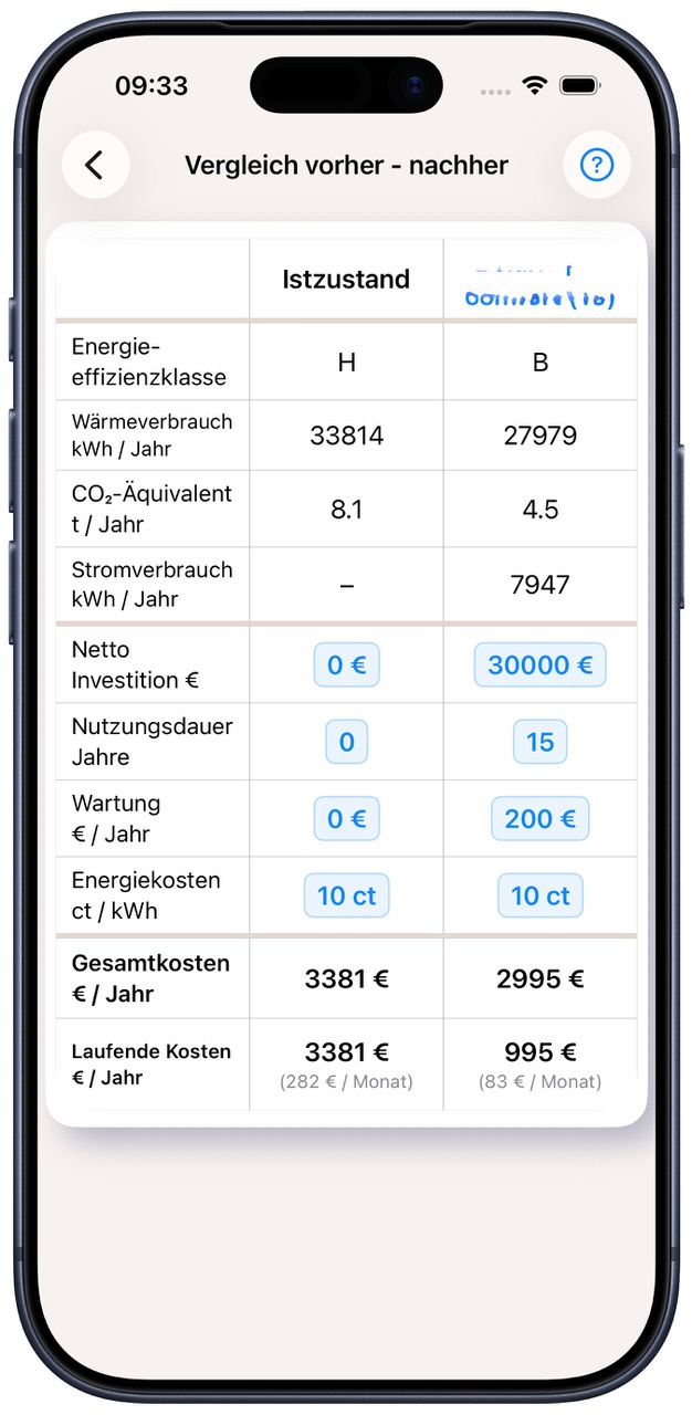 Heizapp Simulationsergebnis auf iPhone – Vorher/Nachher-Vergleich